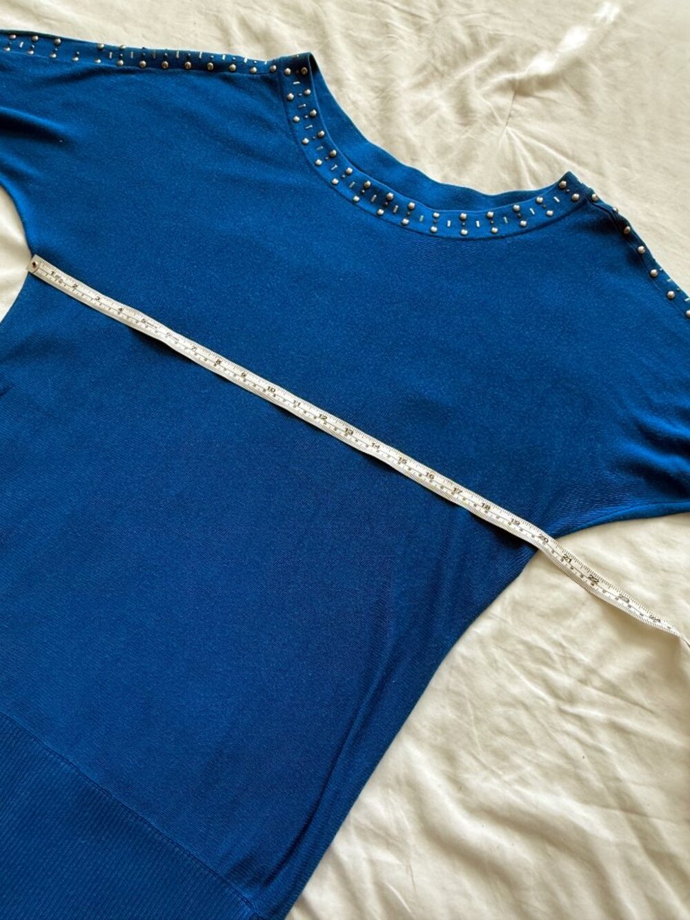 VTG Caché Royal Blue Studded Off Shoulder Dolman Sweater Y2K McBling XL - Picture 6 of 8